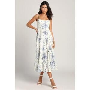 Lulus Mykonos Mood Ivory Floral Print Tie-strap Tiered Midi Dress White - Size M